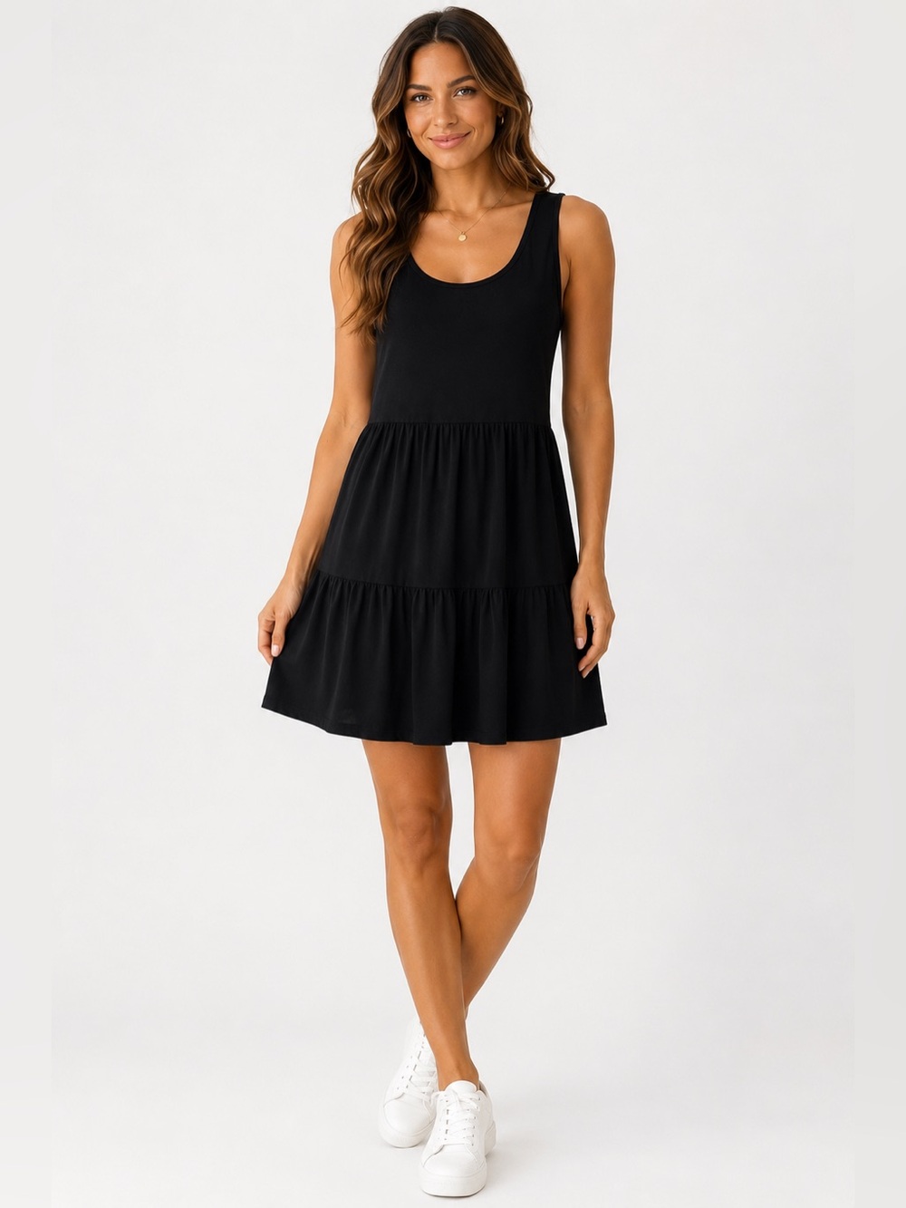 Tash + Sophie Black Tiered Mini Dress Sleeveless Stretch NWOT Large